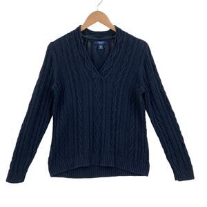 Chaps Sweater Womens Medium Navy Cabel Knit Ribbed Long Sleeve V Neck Pullover